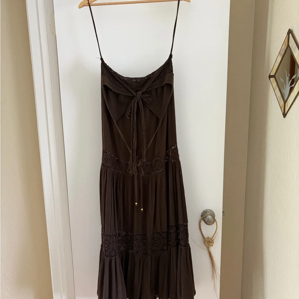 Vintage 70s Gauze & Crochet brown backless halter maxi in pristine condition. - Picture 6 of 8